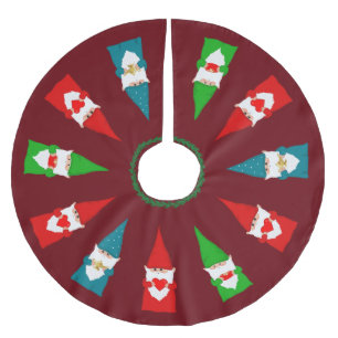 Christmas Gnomes on Burgundy Red Brushed Polyester Tree Skirt