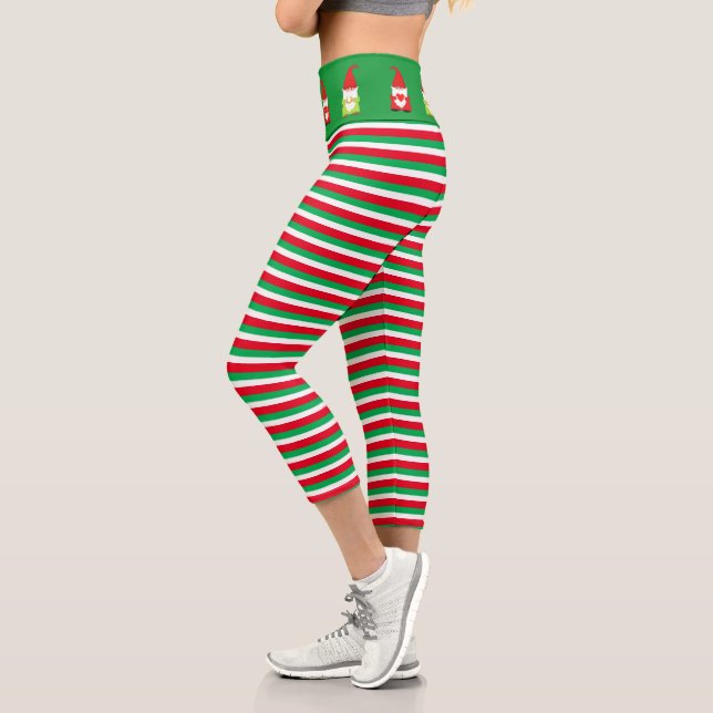 Christmas gnomes on green red striped capri leggings (Left)