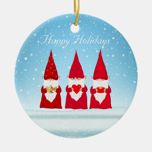 Christmas Gnomes on Light Blue Ceramic Tree Decoration (Front)