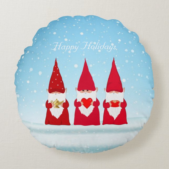 Christmas Gnomes on Light Blue Round Cushion (Front)
