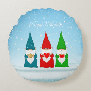 Christmas Gnomes on Light Blue Round Pillow