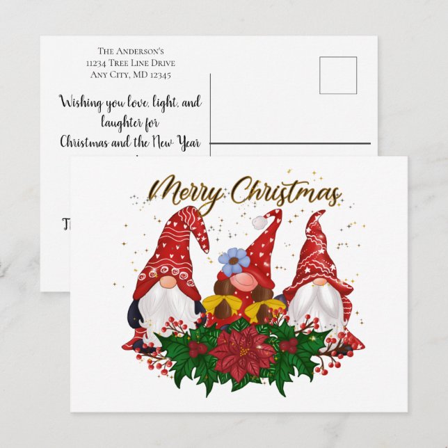 Christmas Gnomes Poinsettia Trendy Christmas Postcard (Front/Back)
