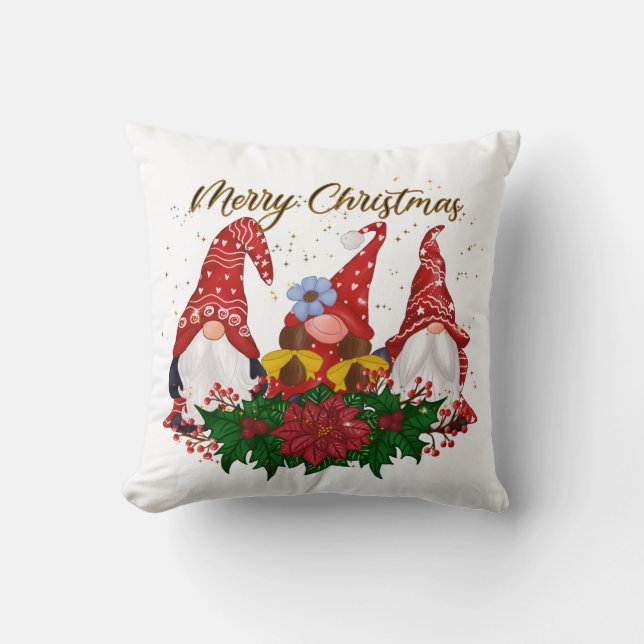 Christmas Gnomes Poinsettia Whimsical Woodland Cushion (Front)