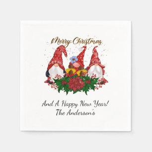 Christmas Gnomes Poinsettia Whimsical Woodland  Napkin
