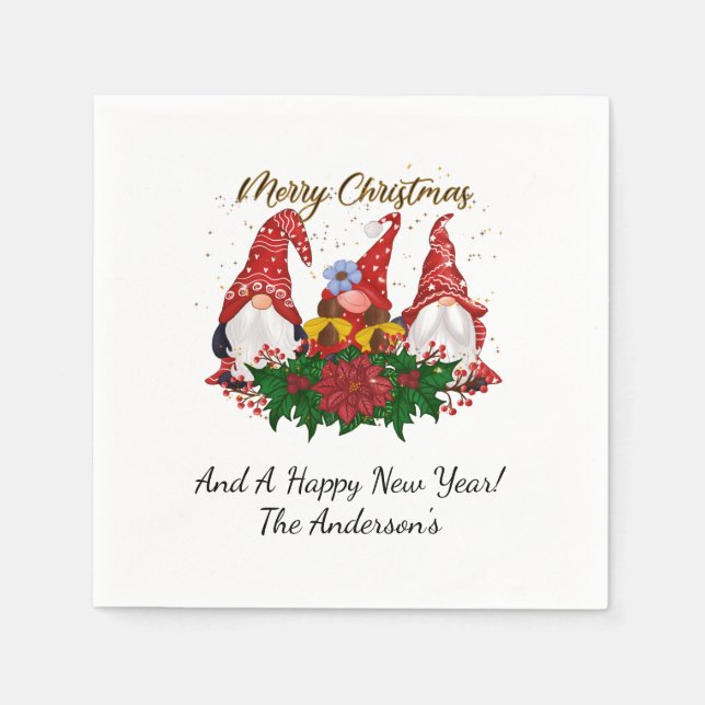 Christmas Gnomes Poinsettia Whimsical Woodland  Napkin (Front)