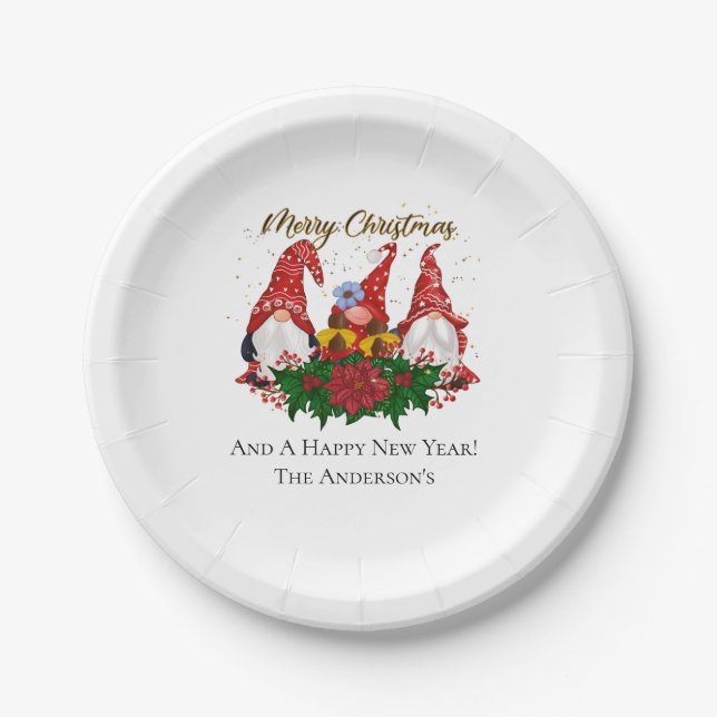 Christmas Gnomes Poinsettia Whimsical Woodland  Paper Plate (Front)
