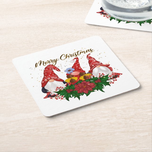 Christmas Gnomes Poinsettia Whimsical Woodland  Square Paper Coaster (Angled)