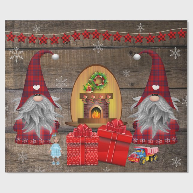 Christmas Gnomes Presents Rustic Wood Wrapping Paper (Flat)