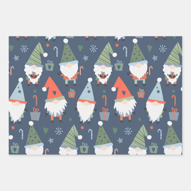 Christmas Gnomes Santa Claus Blue Green Whimsical  Wrapping Paper Sheet (Front)