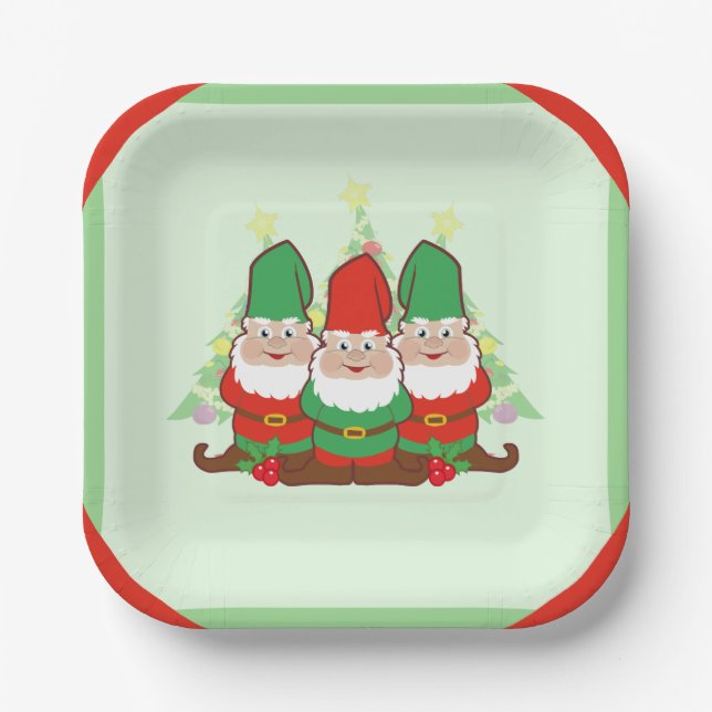 Christmas Gnomes Square Paper Plate (Front)