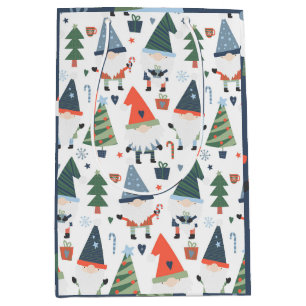 Christmas Gnomes Trees Blue Green Red Medium Gift Bag