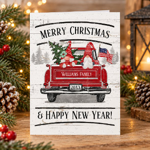 Christmas Gnomes Vintage Red Truck Patriotic Flag Holiday Card