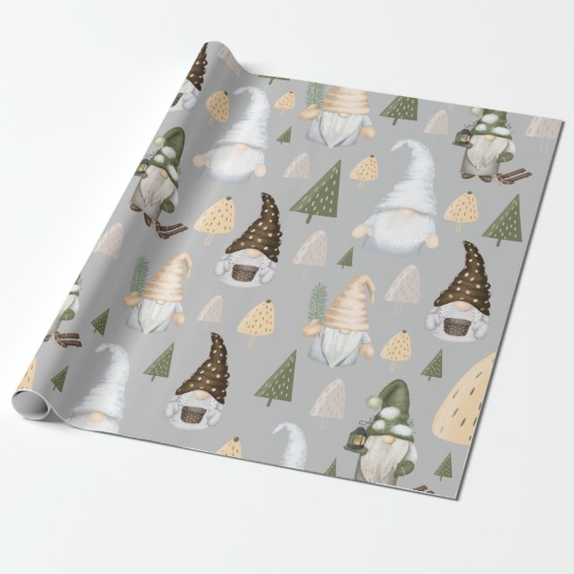 Christmas Gnomes Winter Grey Wrapping Paper (Unrolled)