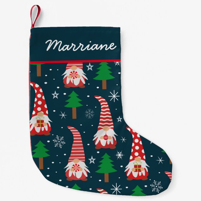 Christmas Gnomes with Trees on dark blue   Custom  Small Christmas Stocking (Front)