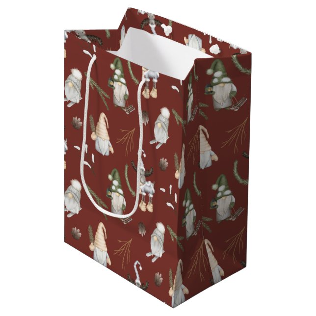 Christmas Gnomes Woodland Medium Gift Bag (Front Angled)