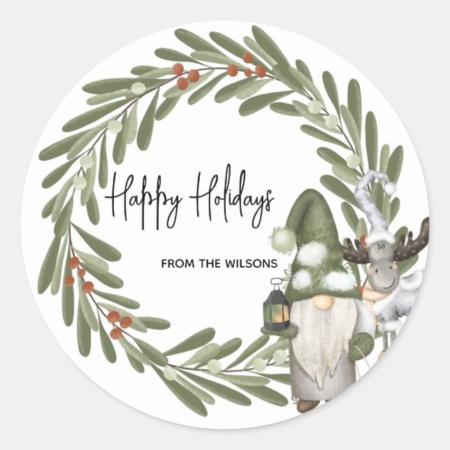 Christmas Gnomes Woodland Personalised  Classic Round Sticker (Front)
