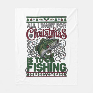 Christmas Go Fishing Fish Santa Hat Lights Fleece Blanket