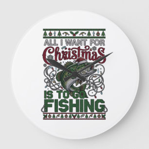 Christmas Go Fishing Fish Santa Hat Lights Large Clock