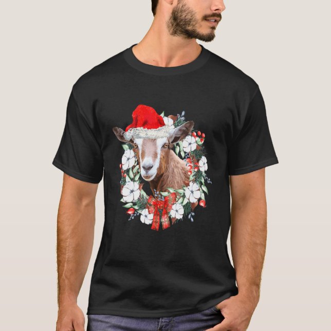 Christmas Goat Farm Animal With Flower Wreath Xmas T-Shirt (Front)