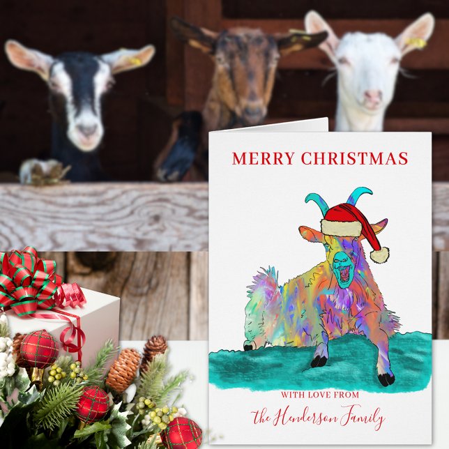 Christmas goat funny Santa personalised  (Funny Christmas screaming goat wearing a santa hat custom holiday greetings folded card colorful )
