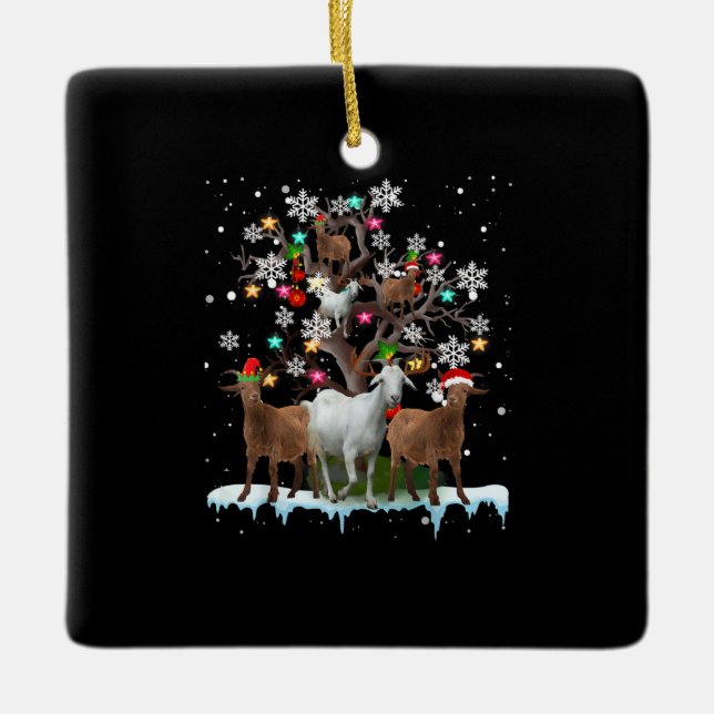 Christmas Goat On Tree Santa Goat Lover Ceramic Ornament (Front)