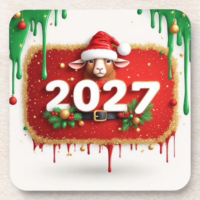 Christmas Goat with Evergreen Wreath Coaster (Front)