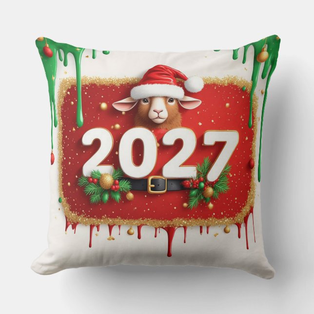 Christmas Goat with Evergreen Wreath Cushion (Front)
