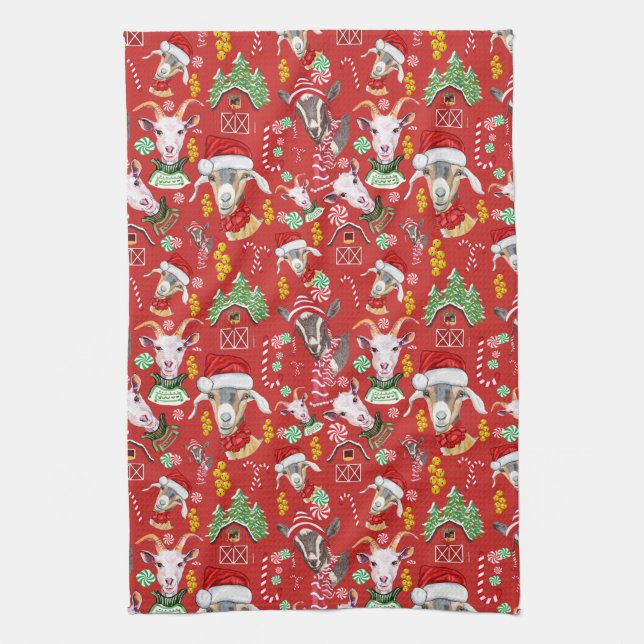 Christmas GOATS Candy and Jingle Bells GetYerGoat™ Tea Towel (Vertical)