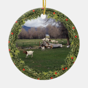 Christmas Goats on a Log Ceramic Tree Decoration