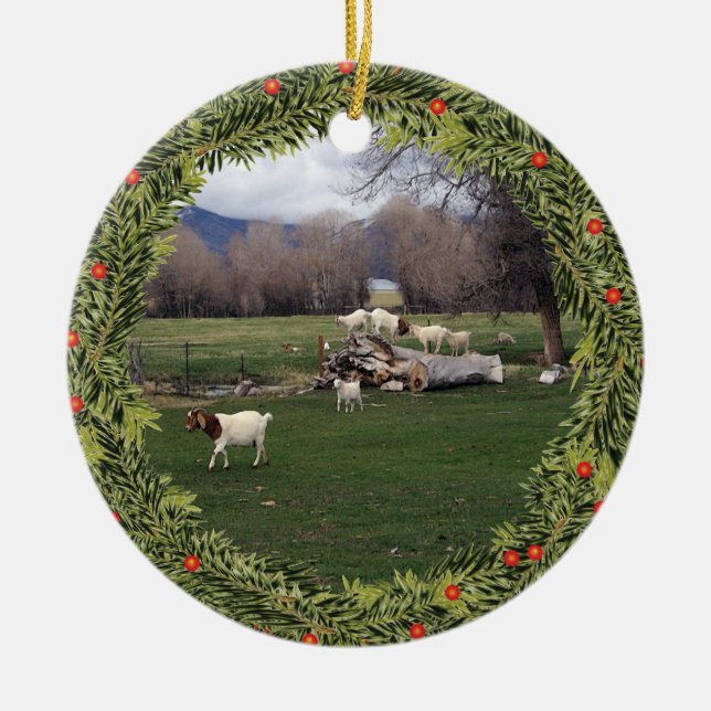Christmas Goats on a Log Ceramic Tree Decoration (Front)