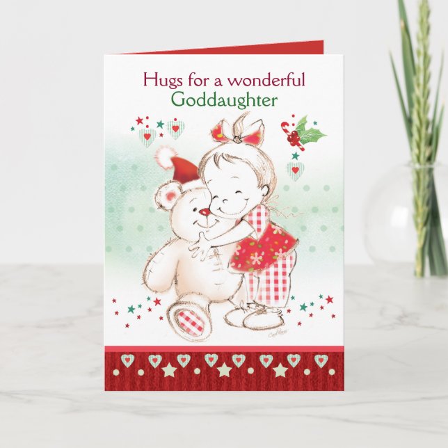 Christmas, Goddaughter, Cute Baby Girl & Teddy Card (Front)