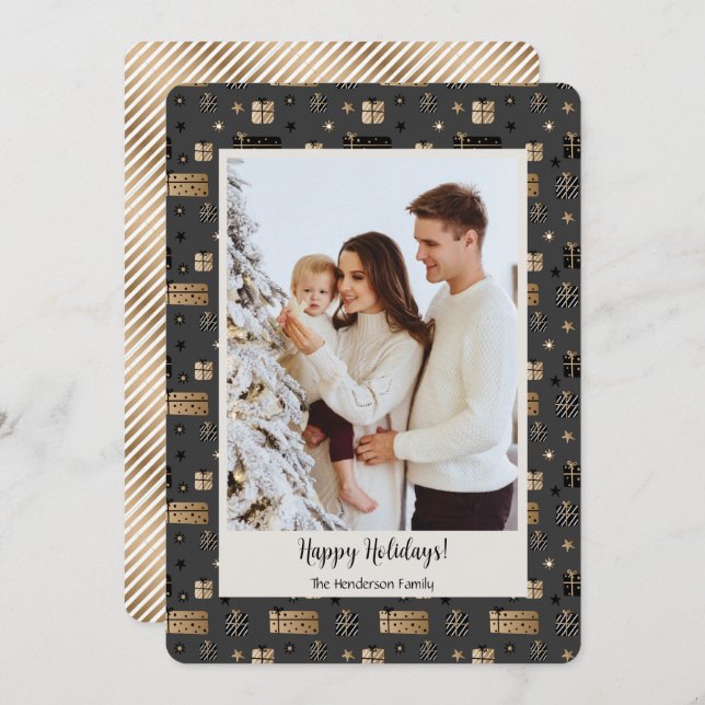 Christmas Gold and Black Family Photo  Holiday Card (Front/Back)