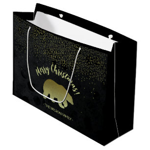 Christmas Gold And Black Night Sky And Golden Bear Large Gift Bag