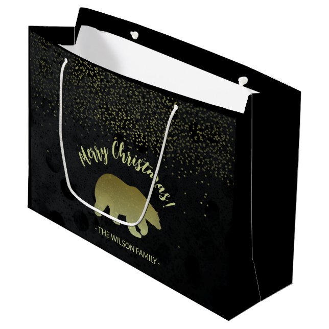 Christmas Gold And Black Night Sky And Golden Bear Large Gift Bag (Front Angled)