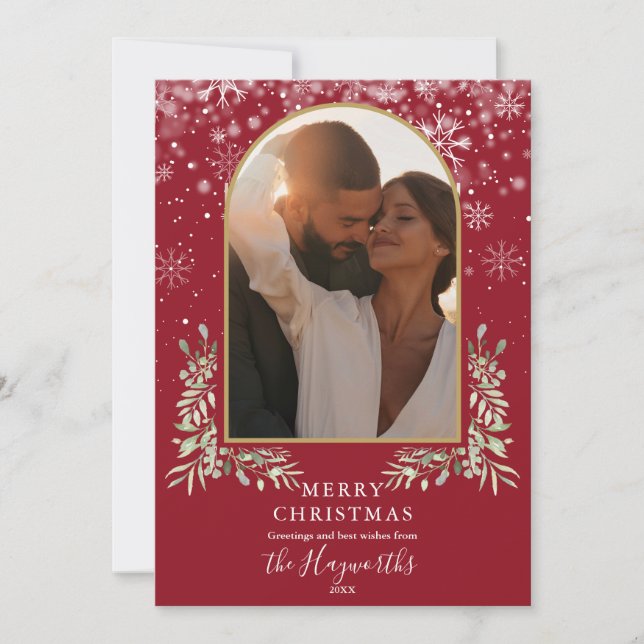 Christmas Gold Arch Photo Floral Greenery Holiday Card (Front)