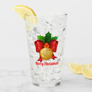 Christmas Gold Ball & Red Ribbon Personalised Glass