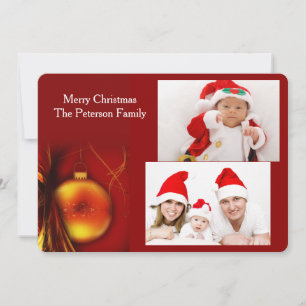 Christmas Gold Bauble with Red Two Photo Flat Card