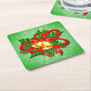 Christmas Gold Bells Green Holly Red Ribbon Square Paper Coaster