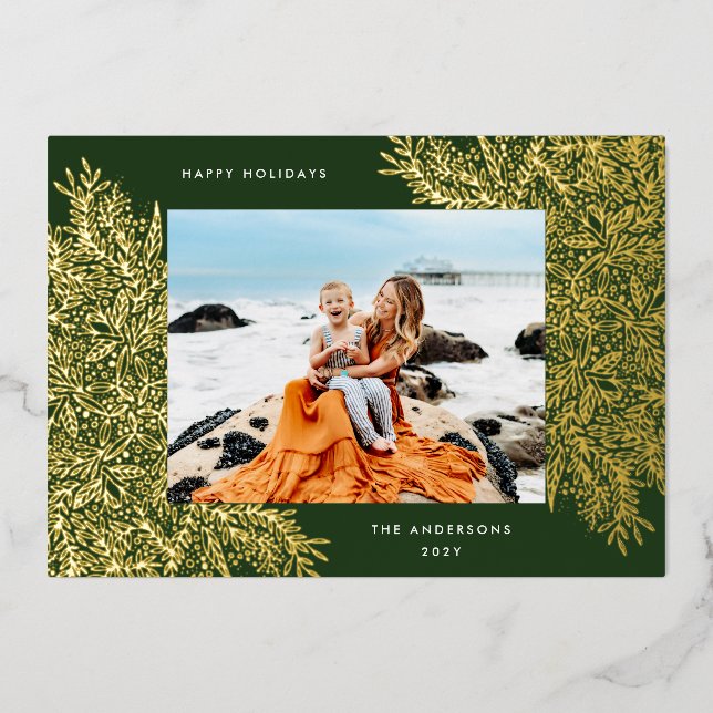 Christmas Gold Botanical Corners Photo Frame Green Foil Holiday Card (Front)