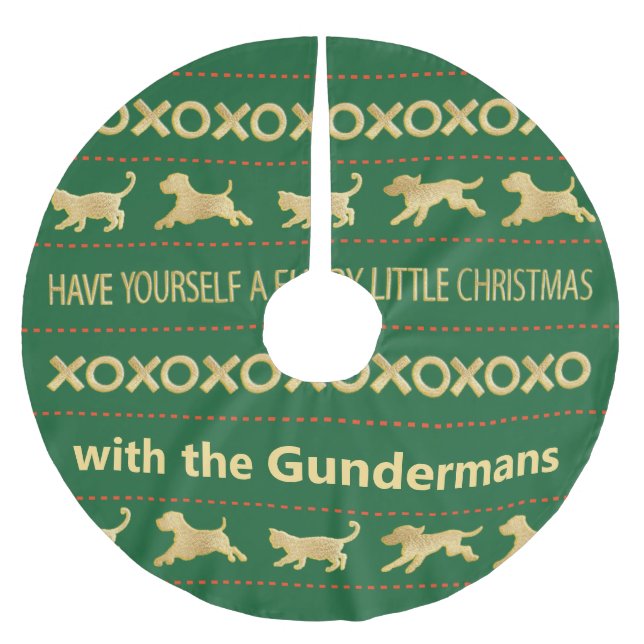 Christmas Gold Cat Dog Furries Brushed Polyester Tree Skirt (Front)