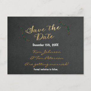 Christmas Gold Chalkboard Holly Postcard Save Date