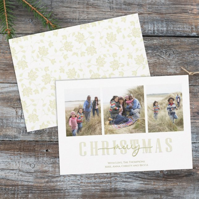 Christmas Gold Elegant Floral Holiday 3 Photo Card (Creator Uploaded)