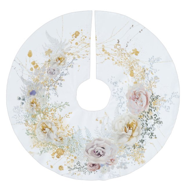 Christmas Gold Floral Wreath  Brushed Polyester Tree Skirt (Front)
