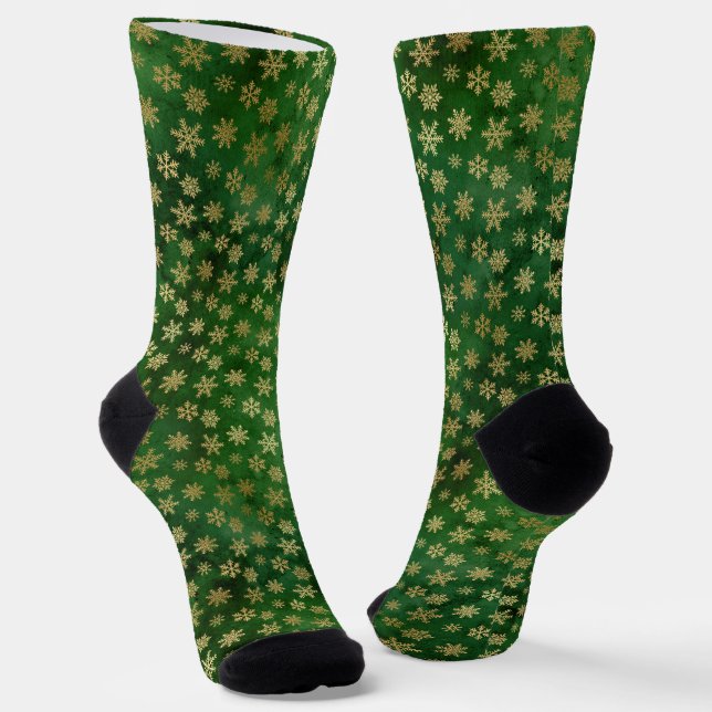 Christmas gold foil green cute snowflakes elegant  socks (Angled)