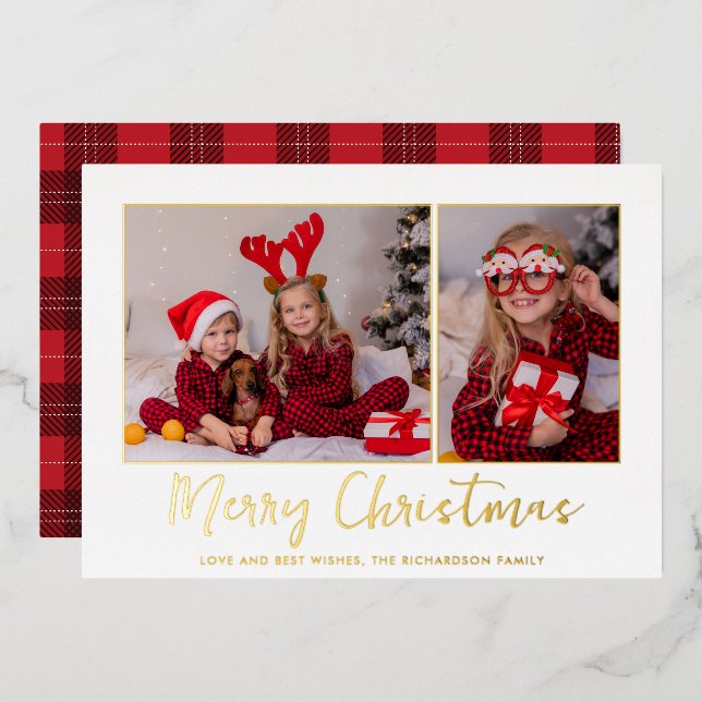 Christmas Gold Foil Plaid Photo Foil Holiday Card (Front/Back)