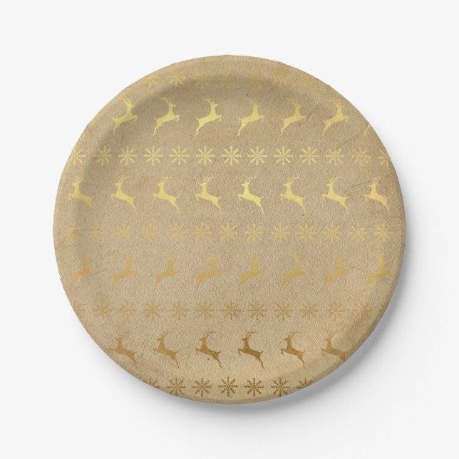 Christmas Gold Foil Reindeer and Snowflake Paper Plate (Front)