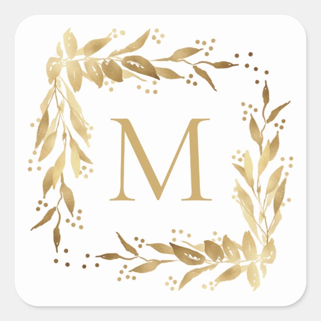 Christmas Gold Foliage Wreath Monogram on White Square Sticker (Front)
