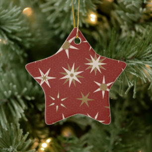  Christmas Gold Geo Stars - on red pattern. Ceramic Tree Decoration