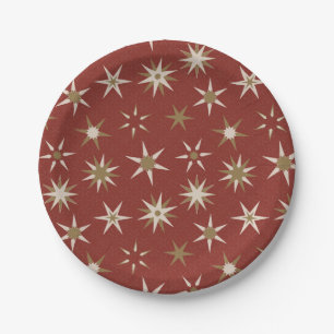  Christmas Gold Geo Stars - on red pattern. Paper Plate