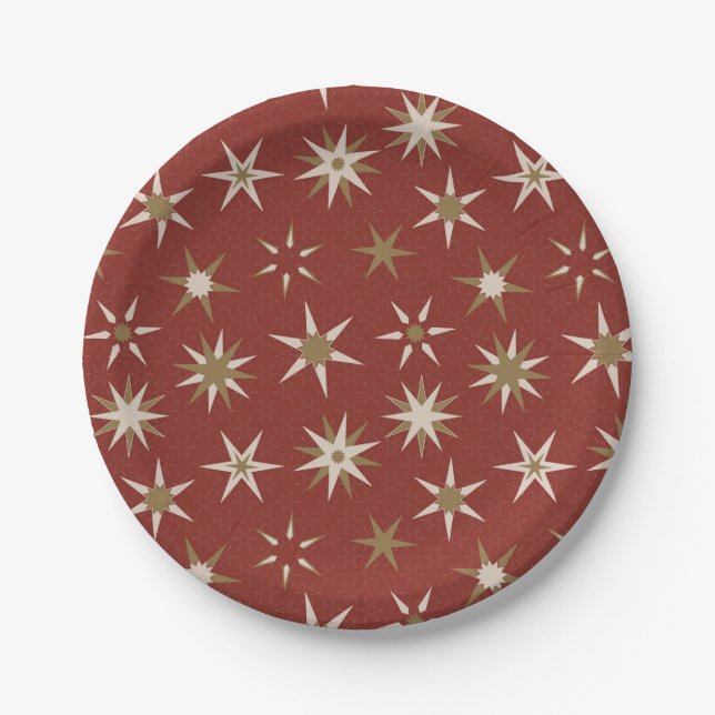  Christmas Gold Geo Stars - on red pattern. Paper Plate (Front)